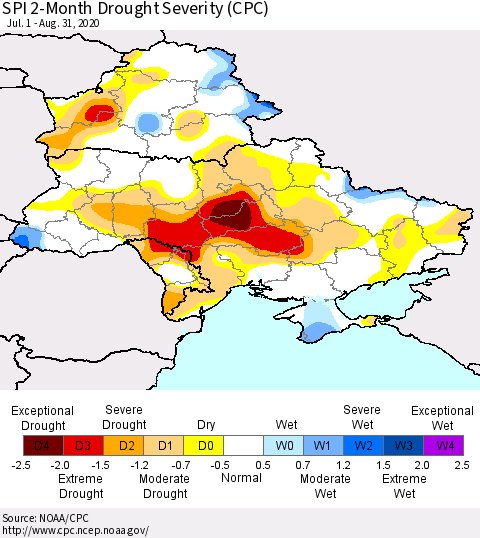 Ukraine, Moldova and Belarus SPI 2-Month Drought Severity (CPC) Thematic Map For 7/1/2020 - 8/31/2020