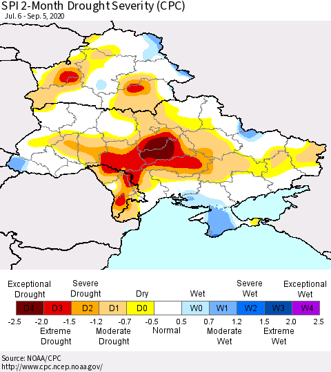 Ukraine, Moldova and Belarus SPI 2-Month Drought Severity (CPC) Thematic Map For 7/6/2020 - 9/5/2020