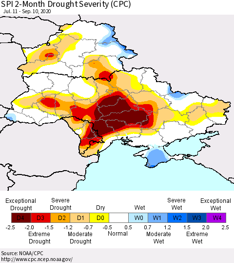 Ukraine, Moldova and Belarus SPI 2-Month Drought Severity (CPC) Thematic Map For 7/11/2020 - 9/10/2020