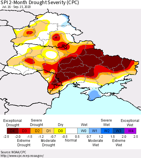 Ukraine, Moldova and Belarus SPI 2-Month Drought Severity (CPC) Thematic Map For 7/16/2020 - 9/15/2020