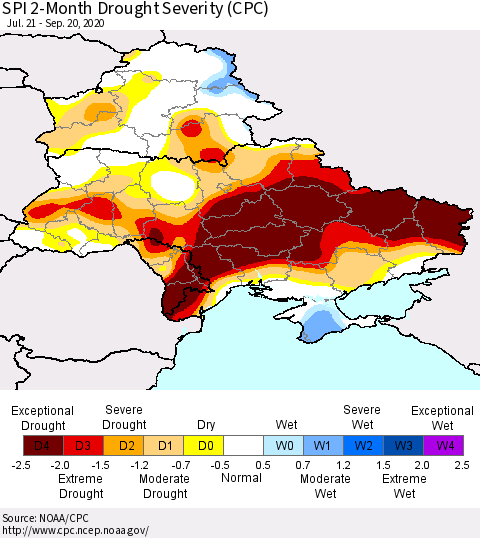 Ukraine, Moldova and Belarus SPI 2-Month Drought Severity (CPC) Thematic Map For 7/21/2020 - 9/20/2020