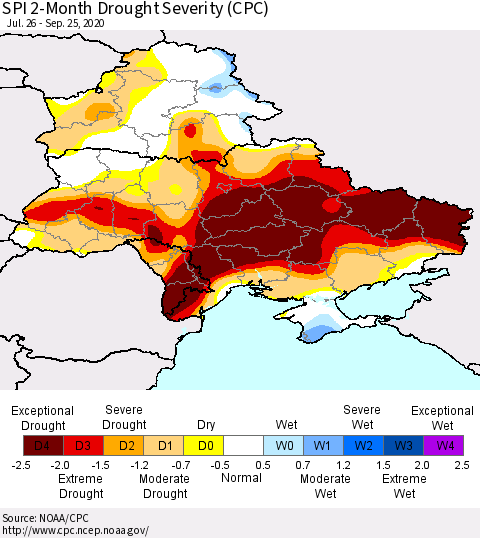 Ukraine, Moldova and Belarus SPI 2-Month Drought Severity (CPC) Thematic Map For 7/26/2020 - 9/25/2020