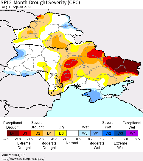 Ukraine, Moldova and Belarus SPI 2-Month Drought Severity (CPC) Thematic Map For 8/1/2020 - 9/30/2020