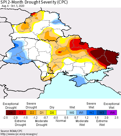Ukraine, Moldova and Belarus SPI 2-Month Drought Severity (CPC) Thematic Map For 8/6/2020 - 10/5/2020