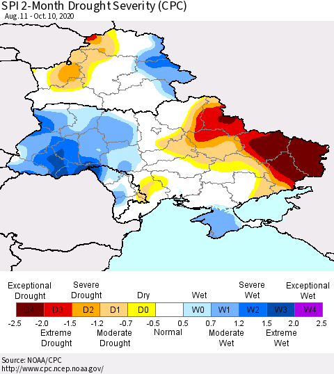 Ukraine, Moldova and Belarus SPI 2-Month Drought Severity (CPC) Thematic Map For 8/11/2020 - 10/10/2020