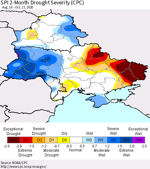 Ukraine, Moldova and Belarus SPI 2-Month Drought Severity (CPC) Thematic Map For 8/16/2020 - 10/15/2020