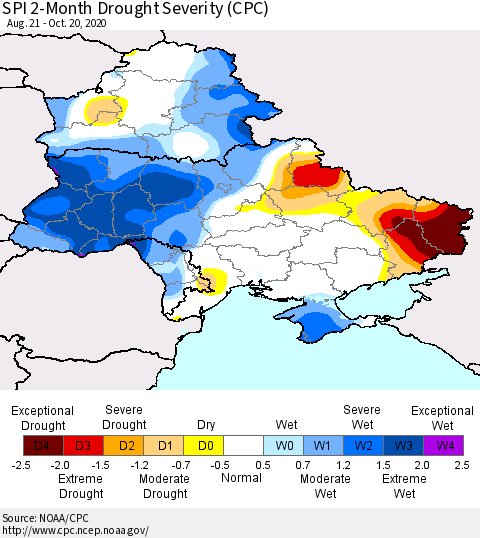 Ukraine, Moldova and Belarus SPI 2-Month Drought Severity (CPC) Thematic Map For 8/21/2020 - 10/20/2020