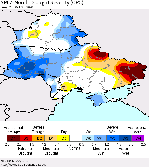 Ukraine, Moldova and Belarus SPI 2-Month Drought Severity (CPC) Thematic Map For 8/26/2020 - 10/25/2020
