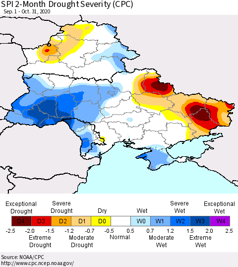 Ukraine, Moldova and Belarus SPI 2-Month Drought Severity (CPC) Thematic Map For 9/1/2020 - 10/31/2020