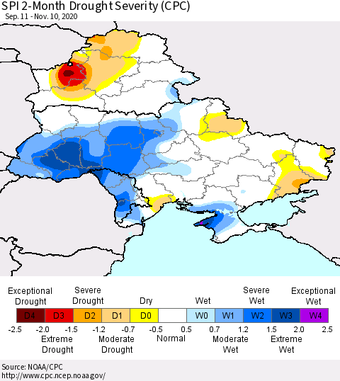 Ukraine, Moldova and Belarus SPI 2-Month Drought Severity (CPC) Thematic Map For 9/11/2020 - 11/10/2020