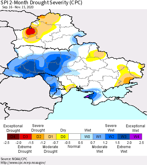Ukraine, Moldova and Belarus SPI 2-Month Drought Severity (CPC) Thematic Map For 9/16/2020 - 11/15/2020