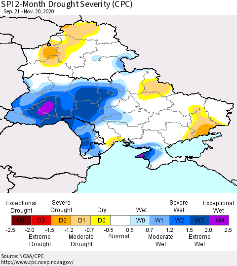 Ukraine, Moldova and Belarus SPI 2-Month Drought Severity (CPC) Thematic Map For 9/21/2020 - 11/20/2020