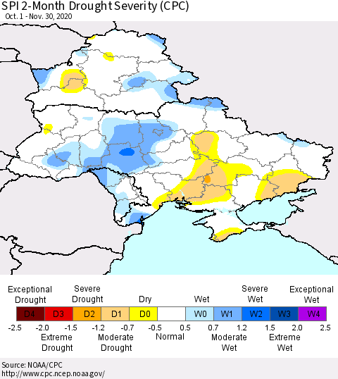 Ukraine, Moldova and Belarus SPI 2-Month Drought Severity (CPC) Thematic Map For 10/1/2020 - 11/30/2020