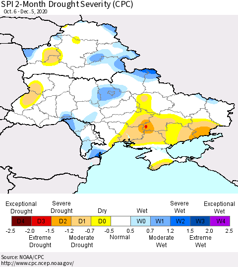 Ukraine, Moldova and Belarus SPI 2-Month Drought Severity (CPC) Thematic Map For 10/6/2020 - 12/5/2020
