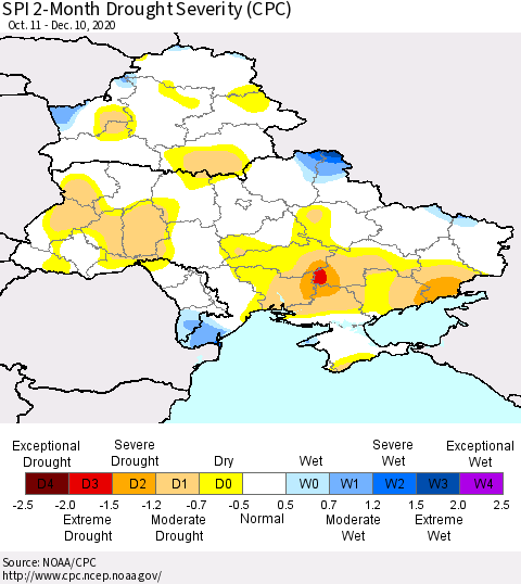 Ukraine, Moldova and Belarus SPI 2-Month Drought Severity (CPC) Thematic Map For 10/11/2020 - 12/10/2020