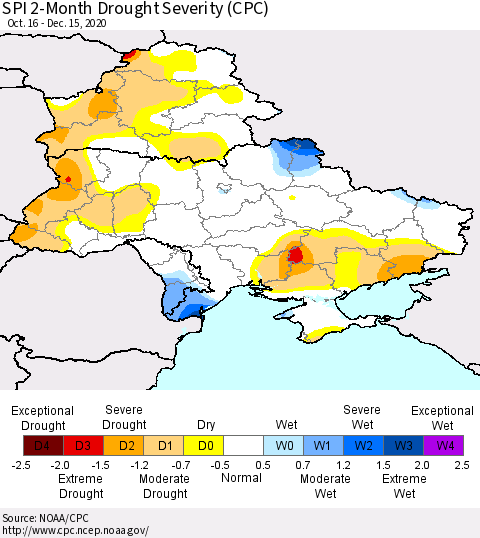 Ukraine, Moldova and Belarus SPI 2-Month Drought Severity (CPC) Thematic Map For 10/16/2020 - 12/15/2020