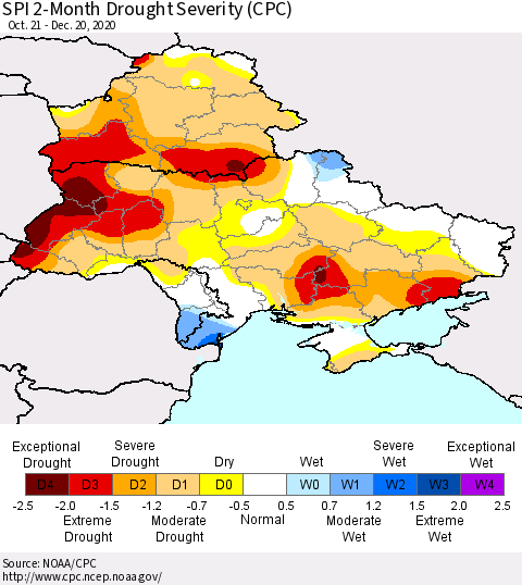 Ukraine, Moldova and Belarus SPI 2-Month Drought Severity (CPC) Thematic Map For 10/21/2020 - 12/20/2020