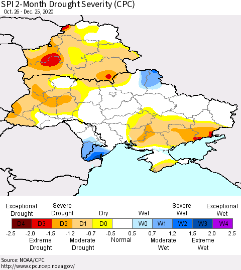 Ukraine, Moldova and Belarus SPI 2-Month Drought Severity (CPC) Thematic Map For 10/26/2020 - 12/25/2020