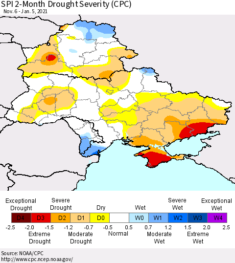 Ukraine, Moldova and Belarus SPI 2-Month Drought Severity (CPC) Thematic Map For 11/6/2020 - 1/5/2021