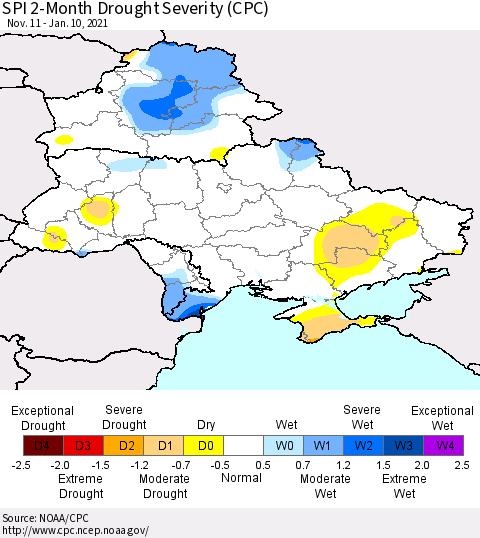 Ukraine, Moldova and Belarus SPI 2-Month Drought Severity (CPC) Thematic Map For 11/11/2020 - 1/10/2021