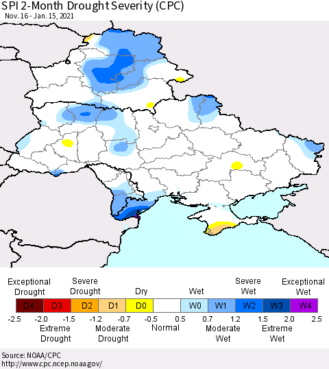 Ukraine, Moldova and Belarus SPI 2-Month Drought Severity (CPC) Thematic Map For 11/16/2020 - 1/15/2021