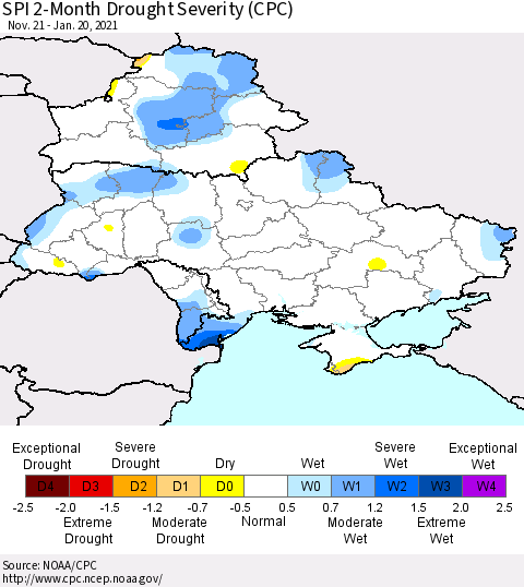 Ukraine, Moldova and Belarus SPI 2-Month Drought Severity (CPC) Thematic Map For 11/21/2020 - 1/20/2021