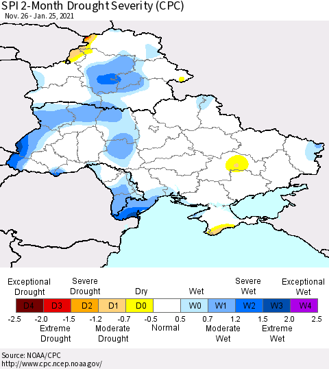 Ukraine, Moldova and Belarus SPI 2-Month Drought Severity (CPC) Thematic Map For 11/26/2020 - 1/25/2021