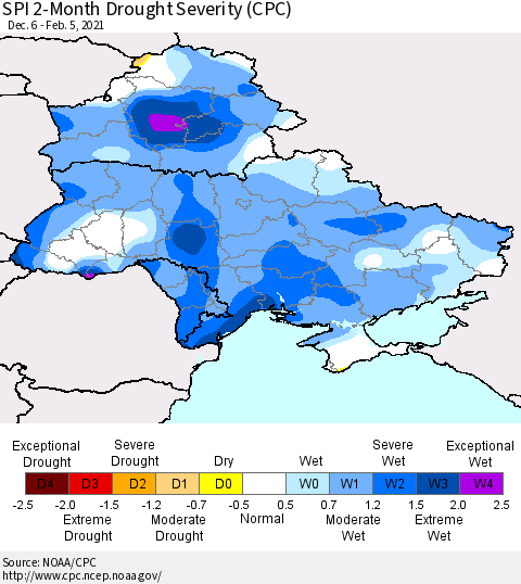 Ukraine, Moldova and Belarus SPI 2-Month Drought Severity (CPC) Thematic Map For 12/6/2020 - 2/5/2021