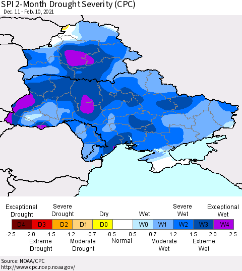 Ukraine, Moldova and Belarus SPI 2-Month Drought Severity (CPC) Thematic Map For 12/11/2020 - 2/10/2021