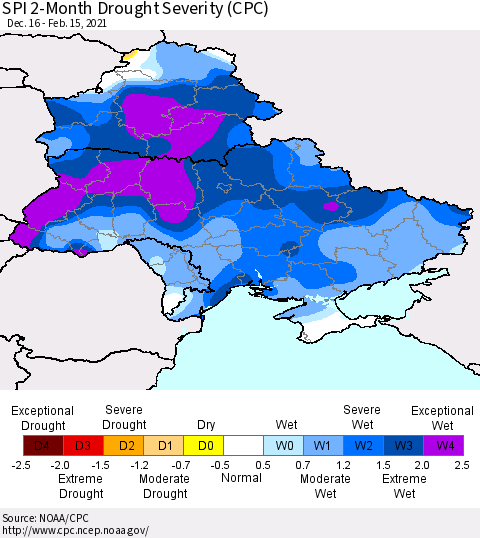 Ukraine, Moldova and Belarus SPI 2-Month Drought Severity (CPC) Thematic Map For 12/16/2020 - 2/15/2021