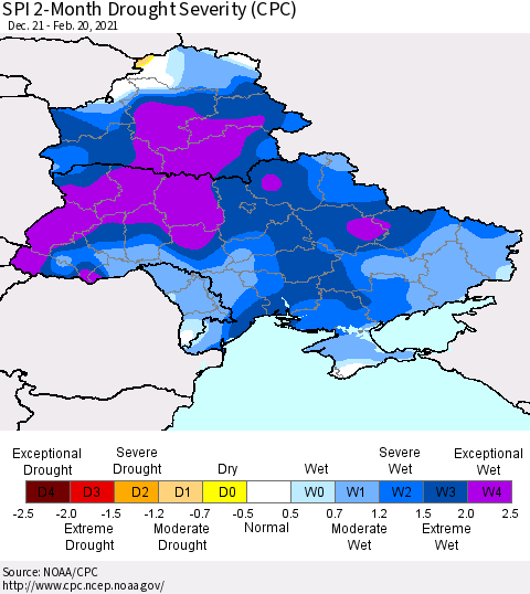 Ukraine, Moldova and Belarus SPI 2-Month Drought Severity (CPC) Thematic Map For 12/21/2020 - 2/20/2021