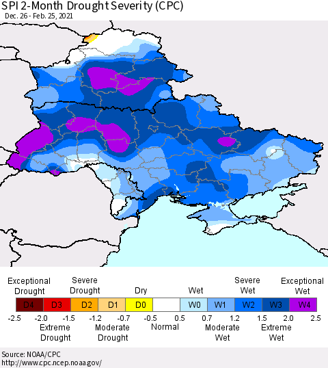 Ukraine, Moldova and Belarus SPI 2-Month Drought Severity (CPC) Thematic Map For 12/26/2020 - 2/25/2021