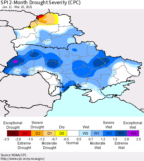 Ukraine, Moldova and Belarus SPI 2-Month Drought Severity (CPC) Thematic Map For 1/11/2021 - 3/10/2021