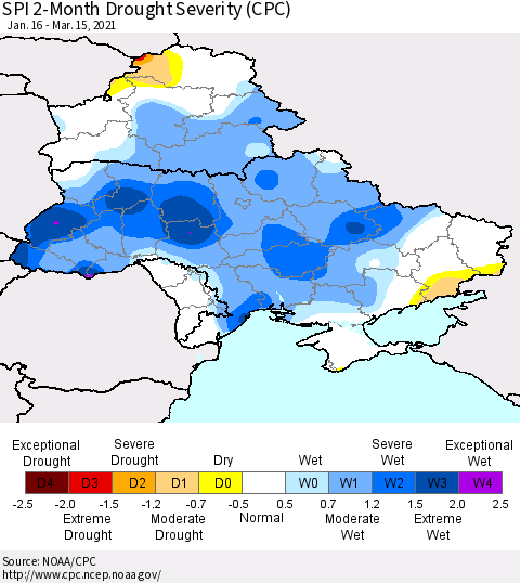 Ukraine, Moldova and Belarus SPI 2-Month Drought Severity (CPC) Thematic Map For 1/16/2021 - 3/15/2021
