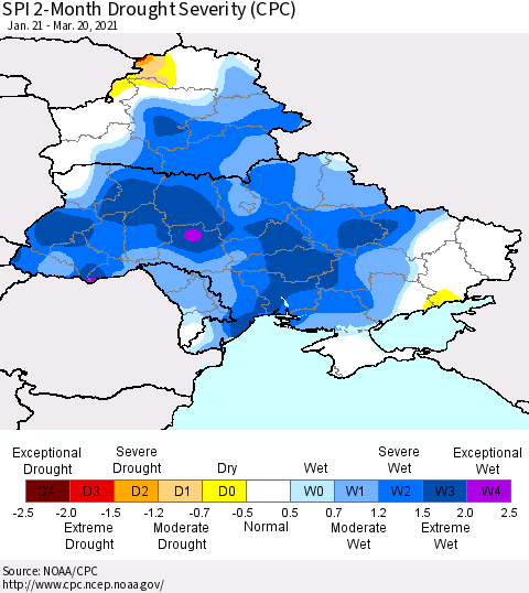 Ukraine, Moldova and Belarus SPI 2-Month Drought Severity (CPC) Thematic Map For 1/21/2021 - 3/20/2021