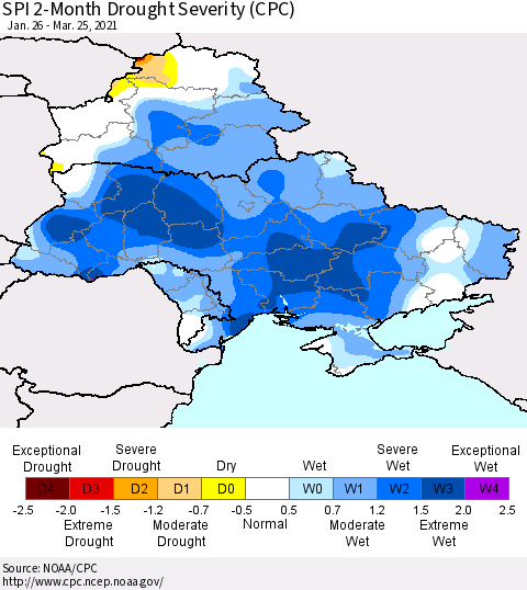 Ukraine, Moldova and Belarus SPI 2-Month Drought Severity (CPC) Thematic Map For 1/26/2021 - 3/25/2021