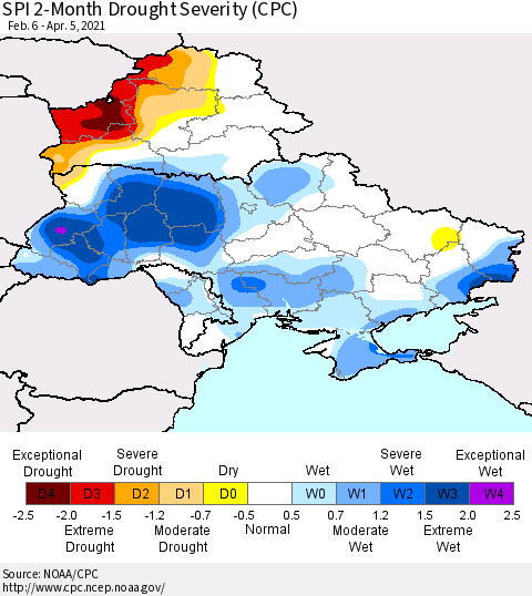 Ukraine, Moldova and Belarus SPI 2-Month Drought Severity (CPC) Thematic Map For 2/6/2021 - 4/5/2021