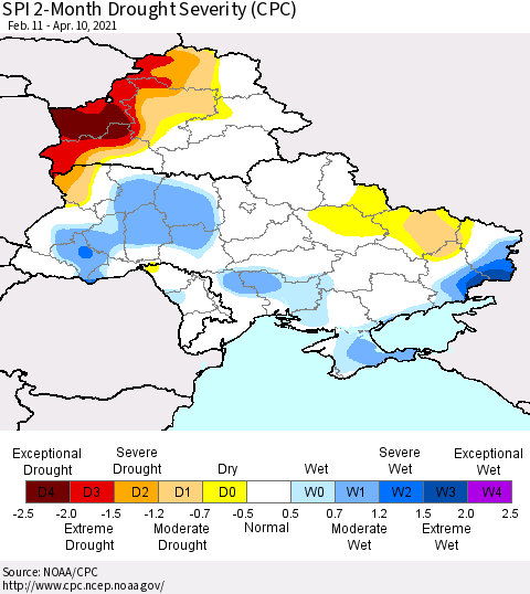 Ukraine, Moldova and Belarus SPI 2-Month Drought Severity (CPC) Thematic Map For 2/11/2021 - 4/10/2021