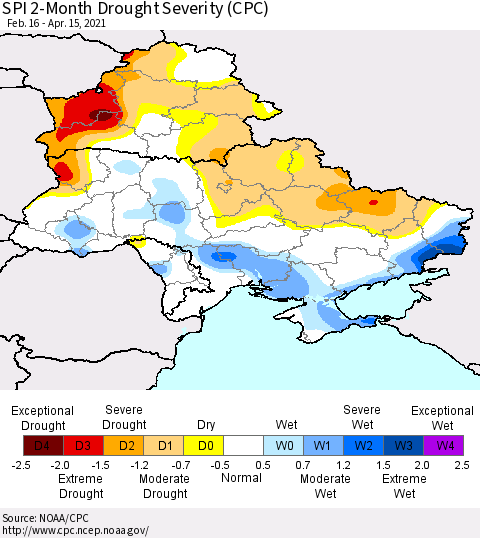 Ukraine, Moldova and Belarus SPI 2-Month Drought Severity (CPC) Thematic Map For 2/16/2021 - 4/15/2021