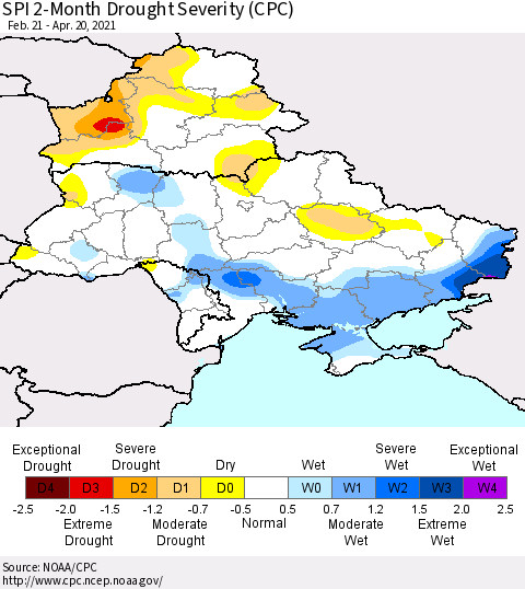 Ukraine, Moldova and Belarus SPI 2-Month Drought Severity (CPC) Thematic Map For 2/21/2021 - 4/20/2021
