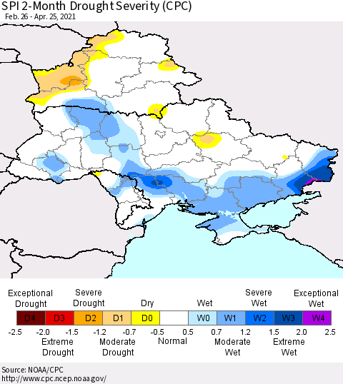 Ukraine, Moldova and Belarus SPI 2-Month Drought Severity (CPC) Thematic Map For 2/26/2021 - 4/25/2021