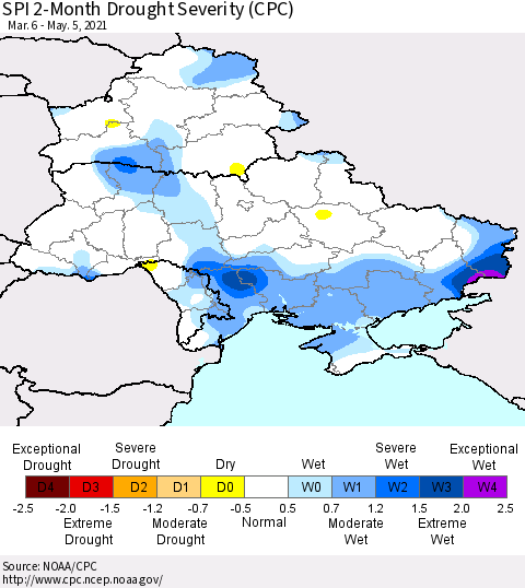 Ukraine, Moldova and Belarus SPI 2-Month Drought Severity (CPC) Thematic Map For 3/6/2021 - 5/5/2021