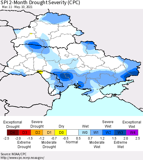 Ukraine, Moldova and Belarus SPI 2-Month Drought Severity (CPC) Thematic Map For 3/11/2021 - 5/10/2021