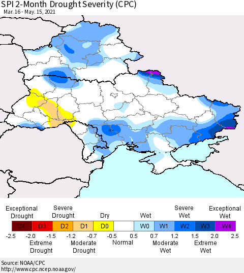 Ukraine, Moldova and Belarus SPI 2-Month Drought Severity (CPC) Thematic Map For 3/16/2021 - 5/15/2021
