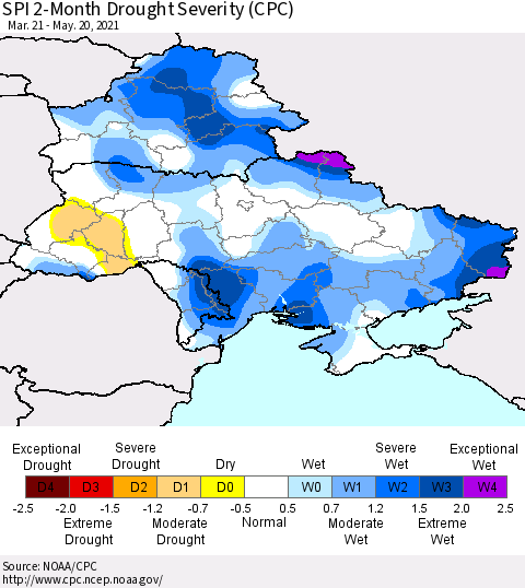 Ukraine, Moldova and Belarus SPI 2-Month Drought Severity (CPC) Thematic Map For 3/21/2021 - 5/20/2021
