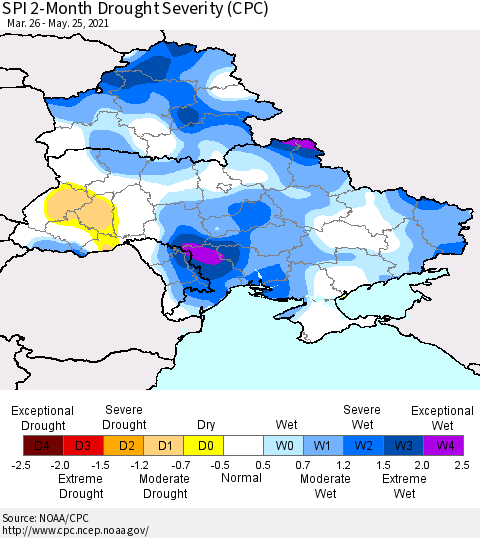 Ukraine, Moldova and Belarus SPI 2-Month Drought Severity (CPC) Thematic Map For 3/26/2021 - 5/25/2021