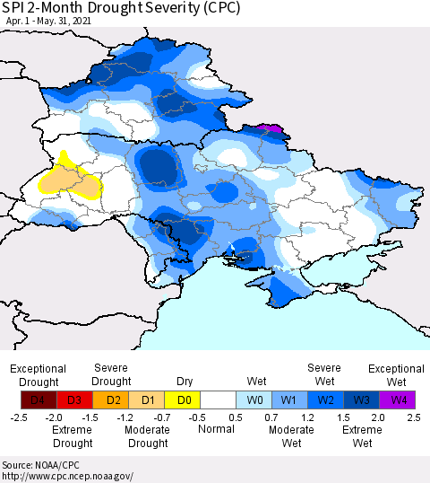 Ukraine, Moldova and Belarus SPI 2-Month Drought Severity (CPC) Thematic Map For 4/1/2021 - 5/31/2021