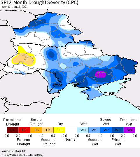 Ukraine, Moldova and Belarus SPI 2-Month Drought Severity (CPC) Thematic Map For 4/6/2021 - 6/5/2021