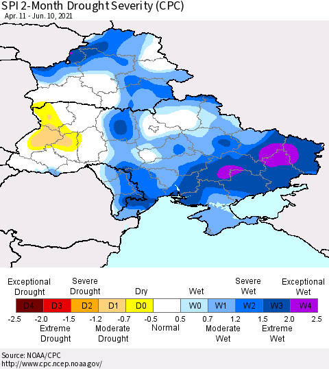 Ukraine, Moldova and Belarus SPI 2-Month Drought Severity (CPC) Thematic Map For 4/11/2021 - 6/10/2021