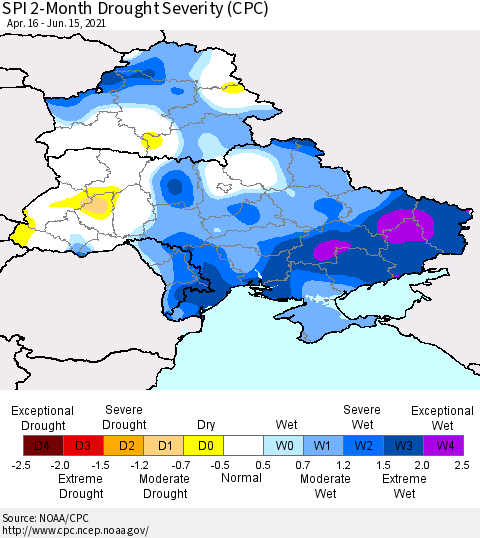 Ukraine, Moldova and Belarus SPI 2-Month Drought Severity (CPC) Thematic Map For 4/16/2021 - 6/15/2021